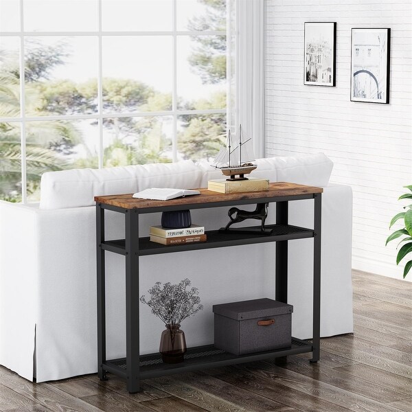Console Table, Entryway Hallway Table with 2 Mesh Storage Shelves,Sofa Table Behind Couch