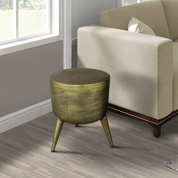 16 Inch Classic Vintage Round 3 Legs Decorative Aluminum Side End Table, Djembe Drum Shape, Antique - 13 L x 13 W x 16 H