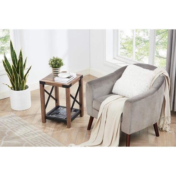 Farmhouse Wood Side Table, Nightstand with Mesh Shelf