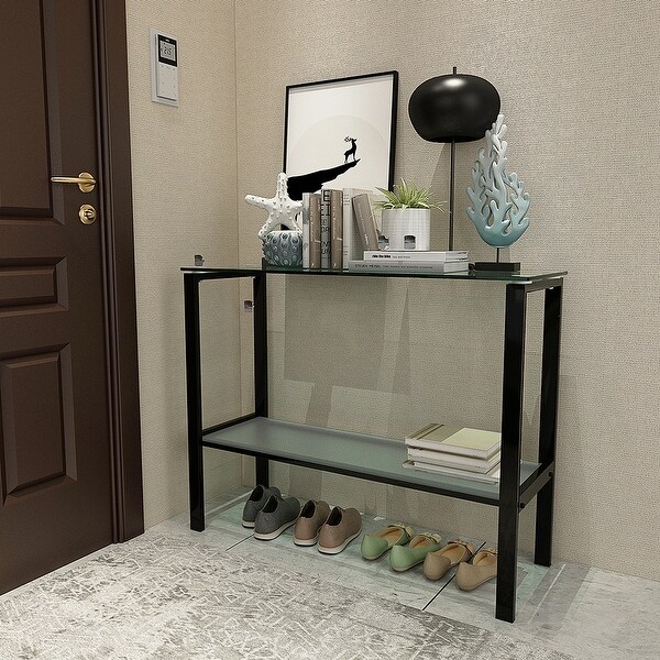 Rectangular Console Table, Double-layer Tempered Glass Porch Table