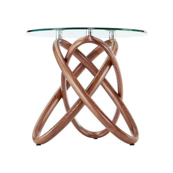 Cid 22 Inch Modern Side Table, Round Glass Top, Curved Wood Frame, Brown - 21.6L x 21.6W x 19.7H Inches