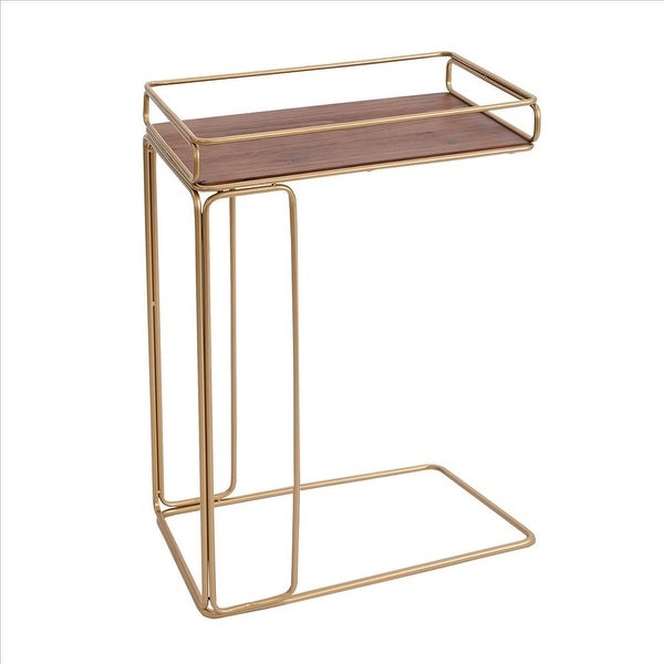 C Shaped Side Table with Metal Frame, Brown and Gold - Brown and Gold - 9.85 L x 16.15 W x 24.82 H Inches