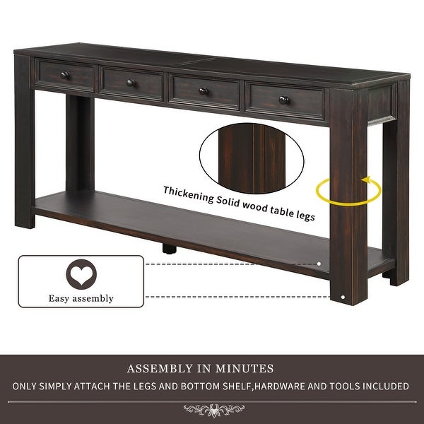 Chic Console Table Side Table with 4 Drawers and Bottom Open Shelf, Solid Wood Sofa Table Entryway Table for Entryway Living Room