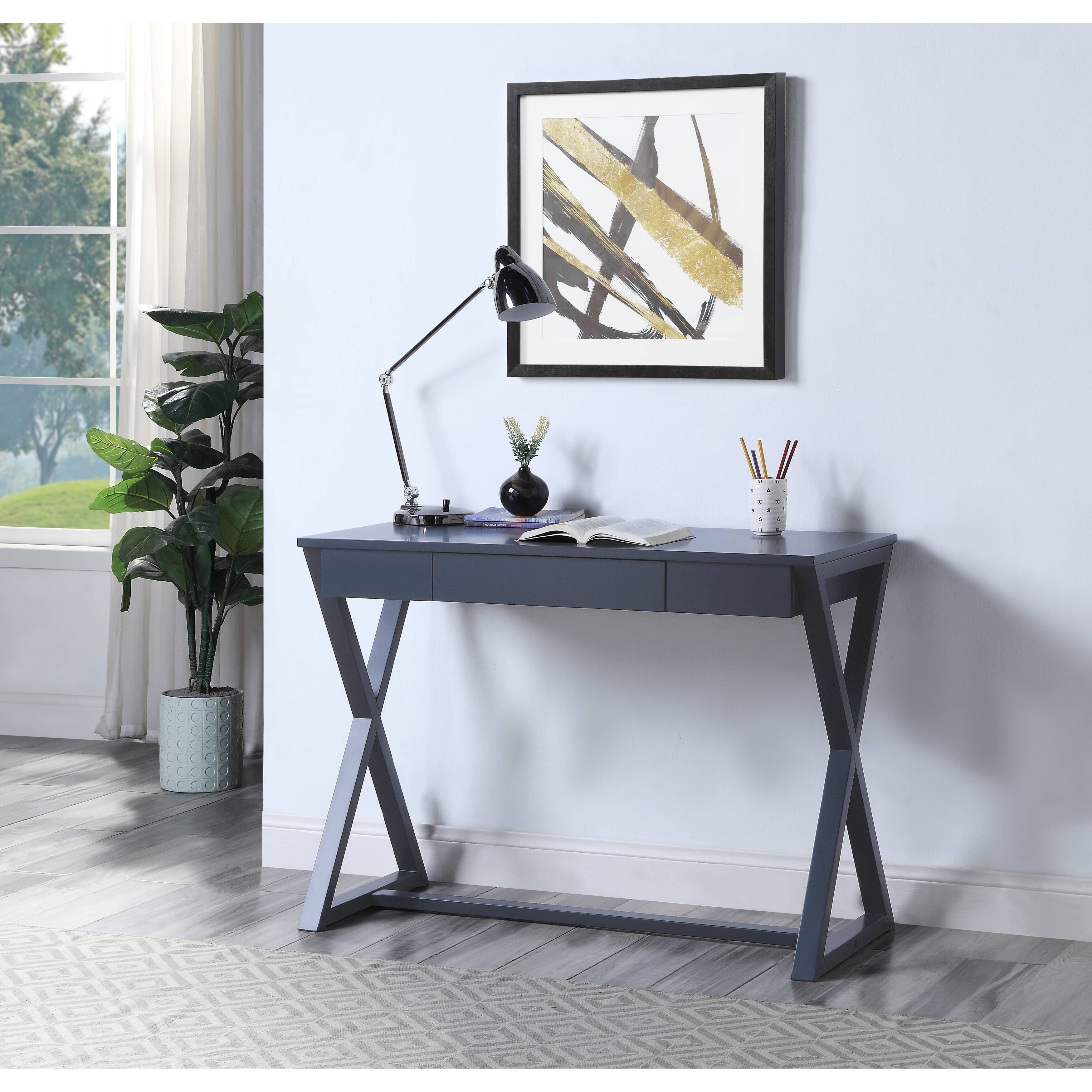 Nalo Console Table in Black Finish with Rectangular Table Top and X Shape Wooden Base for Entryway, Living Room