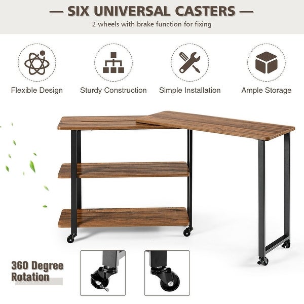 360° Rotating Sofa Side Table with Storage Shelves and Wheels - 49.5