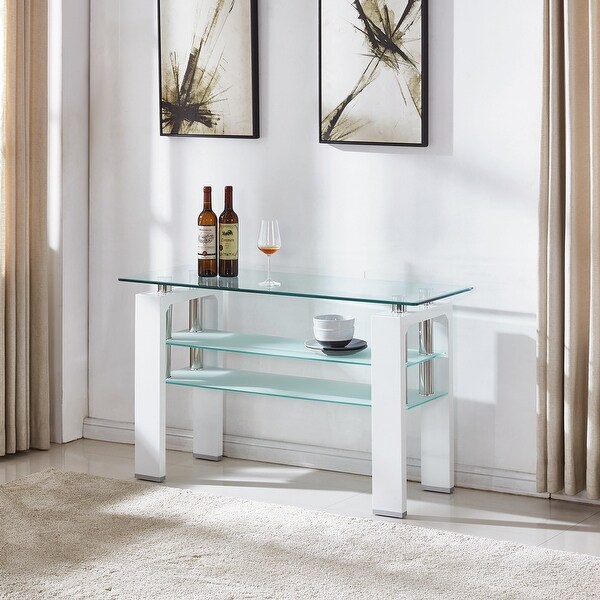 Tempered Glass Top Rectangular Double-Layer Console Table with MDF Legs, For Living Room, Foyer Console Table