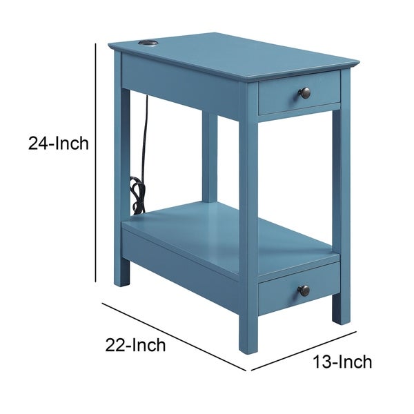 Wooden Frame Side Table with 2 Drawers and 1 Bottom Shelf, Teal Blue