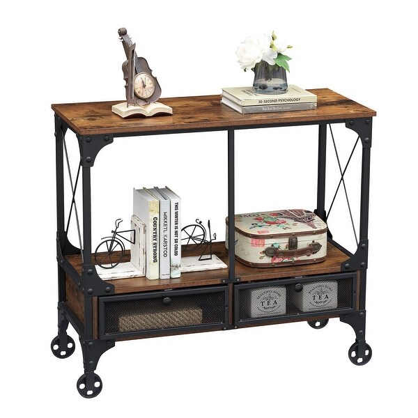 Industrial Console Table with Drawer and Storage Shelf, 4-Foot Wheels, Brown