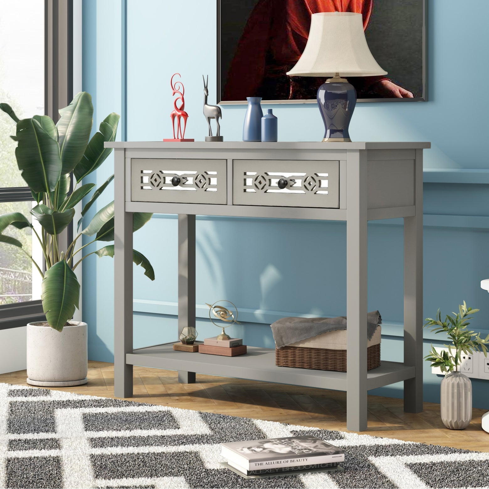 Classic Wooden Console Table with 2 Top Drawers and Open Storage Shelf, Sofa Table with Hollow-out Decoration, Silver