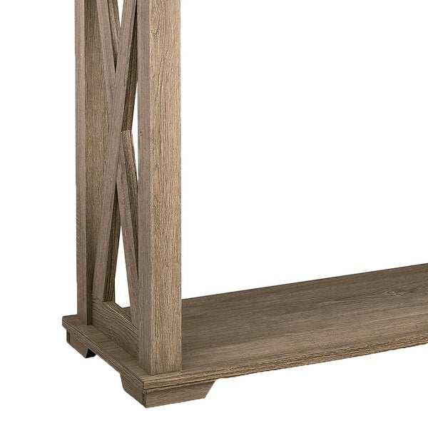 42 Inch Sofa Table, Crossbuck Side Accents, 1 Open Shelf, Rustic Brown