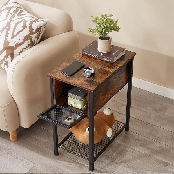 Set of 2 Flip Top Side Table with 1-Drawer and Steel Mesh Shelf ,Slim Sofa Table, Rustic Brown
