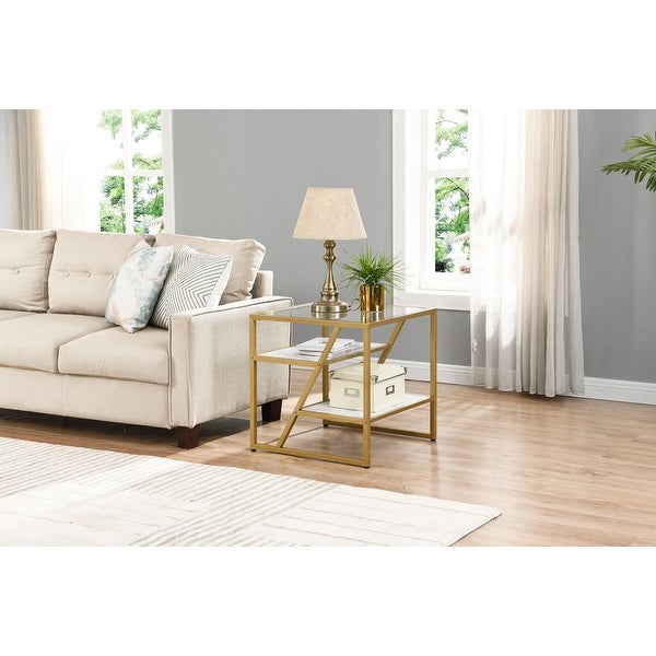 Side Table, End Table with Storage Shelf, Tempered Glass Coffee Table with Metal Frame
