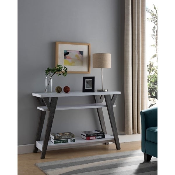Wooden Console Table with 2 Lower Shelves, White and Distressed Gray