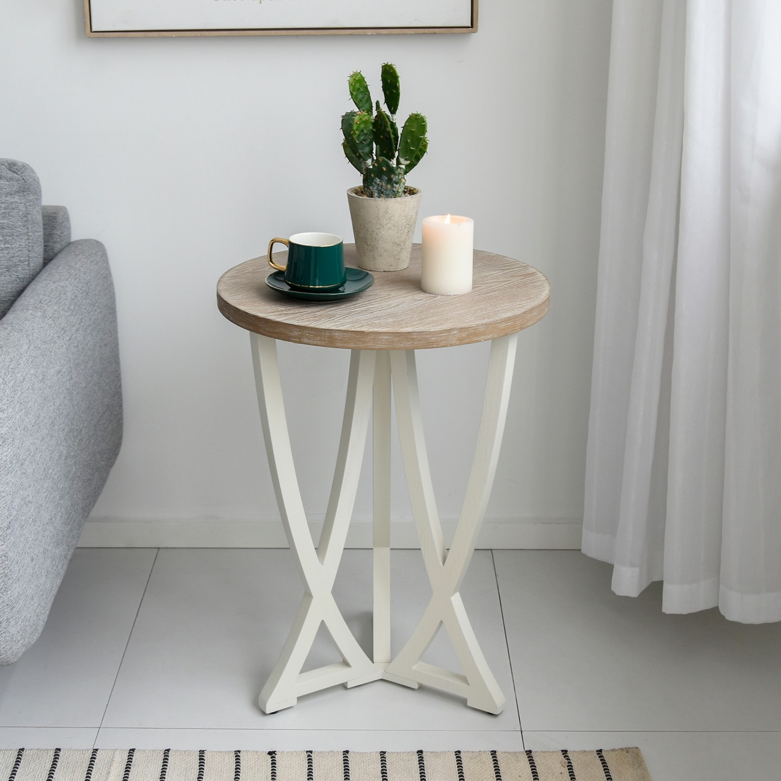 Farmhouse Round End Table, Rustic Wood Side Table for Living Room/Bedroom, White/Natural