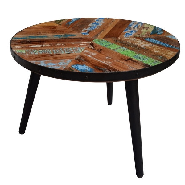 17 Inch Industrial Side Table, Reclaimed Wood, Round Multi Tone Top, Iron Trim, Brown, Black