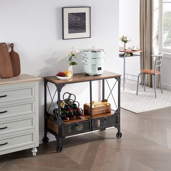 Industrial Console Table with Drawer and Storage Shelf, 4-Foot Wheels, Brown