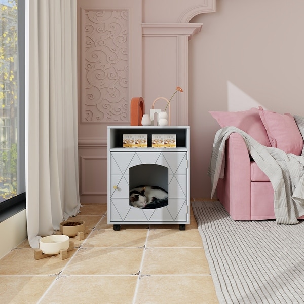Wood Side Table with Pet House, Grey(17.21