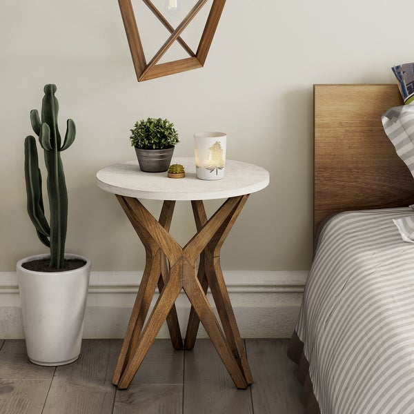 COZAYH Pedestal Farmhouse End Table Set of 2, Distressed White Top with Base for Modern Farmhouse, Boho Decor, Round