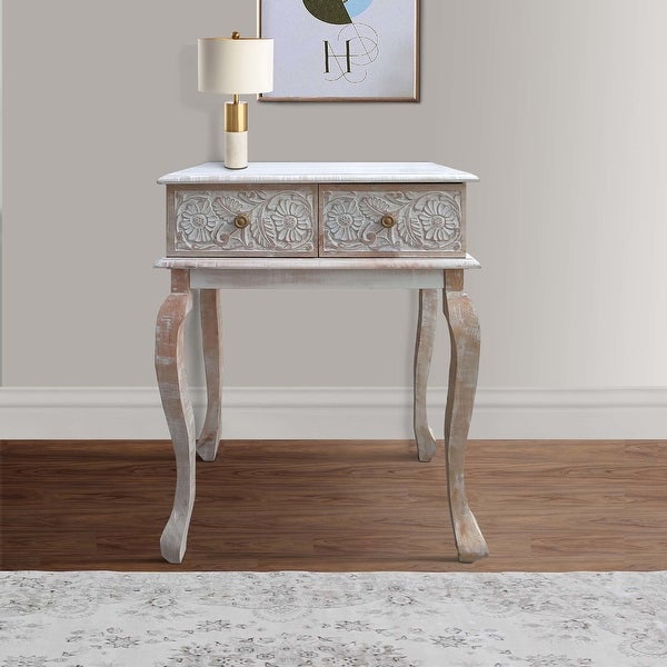 （Preferred Choice for Luxury wood Furniture)2 Drawer Mango Wood Console Table with Floral Carved Front; Brown and White - 35