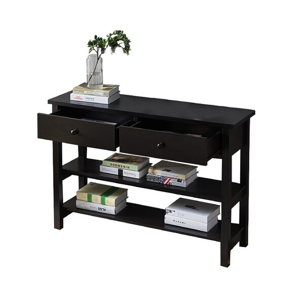 Two Drawer Console Table with Two Open Shelves and Block Legs, Dark Brown