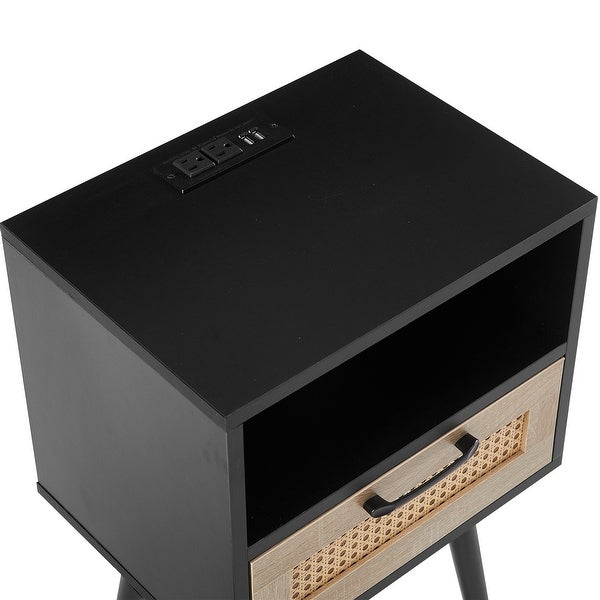 Modern Side table with Drawer and Solid Wood Legs,Rattan Nightstand with Power Outlet and USB Ports