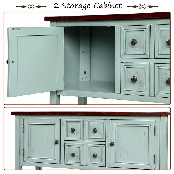 Wooden Console Table with 4 Storage Drawers and 2 Cabinets, Sofa Table with Bottom Shelf and Solid Wood Legs, Retro Blue