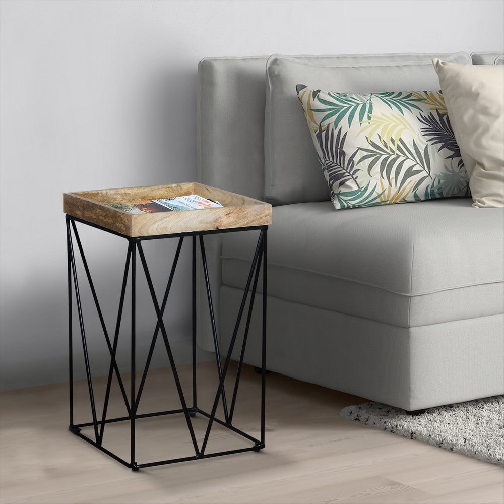 24 Inch Industrial End Side Table, Mango Wood Square Tray Top, V Shape Iron Accent, Brown, Black - 24