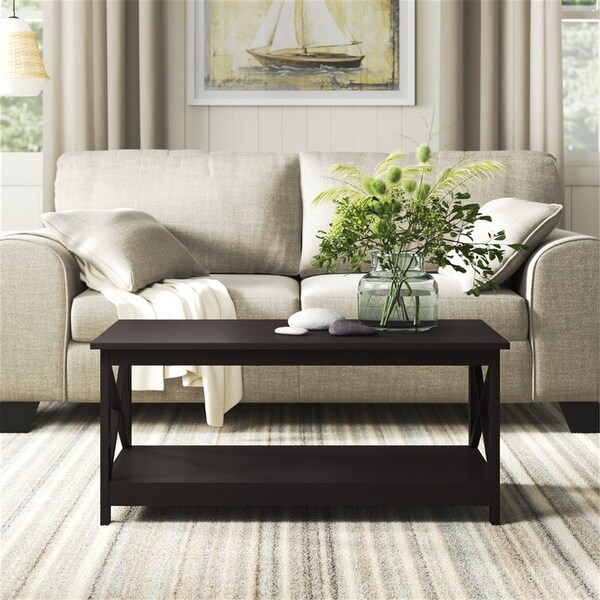Coffee Table 39.56 in. L, X leg End Table with Bottom Shelf, Black