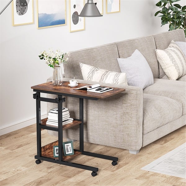 Height Adjustable C Table, Sofa Side Tables, Mobile End Table with Storage Shelves