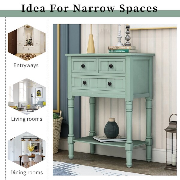 Narrow Console Table with 3 Storage Drawers and Black Round Deco Knobs, Slim Sofa Table with Bottom Shelf, Antique Blue
