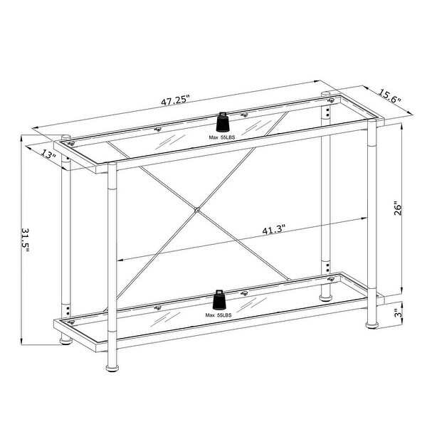 Grondin Modern Contemporary 2-Tier Console Table with Tempered Glass Top, Bottom Shelf, Steel and Acrylic Frame