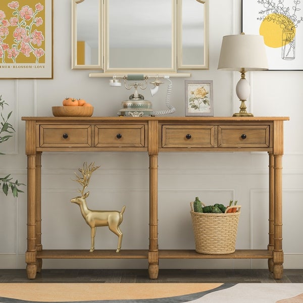 Solid Wood Sofa Table Console Table with 2 Drawers and Open Bottom Shelf, Classic Rustic Entryway Table Side Table for Living Room
