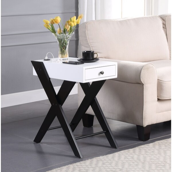 Fierce Side Table (USB Charging Dock) , Wooden Top Drawer with X-Shape Leg