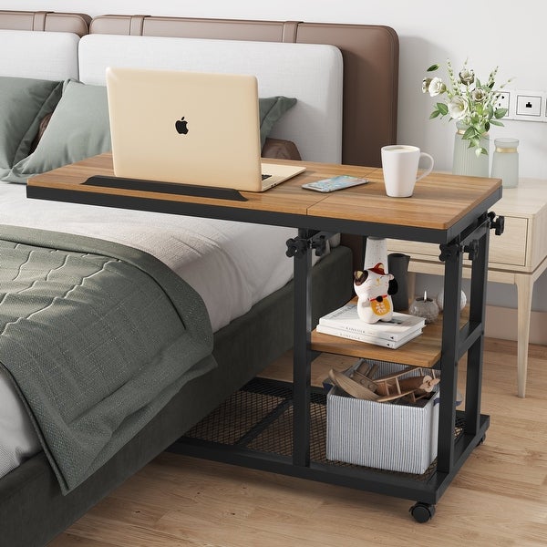 Height Adjustable C Table, Sofa Side Tables, Mobile End Table with Storage Shelves