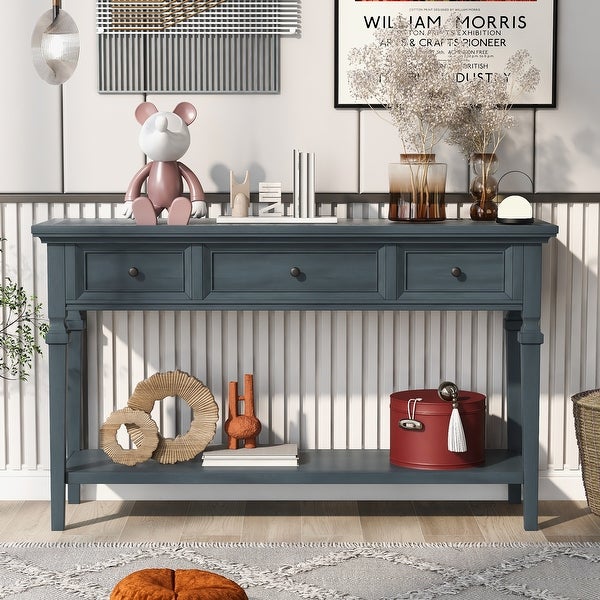 Classic American Retro Style Console Table with 3 Top Drawers and Open Style Bottom Shelf, Solid Wood Sofa Table for LivingRoom