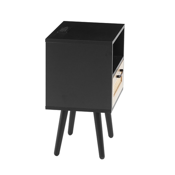 Modern Side table with Drawer and Solid Wood Legs,Rattan Nightstand with Power Outlet and USB Ports