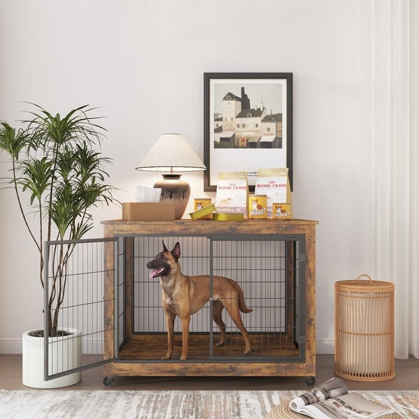 Industrial Wooden Iron Dog Crate, Dog Kennels with 3 Doors and Wheels, Pet Crate Side End Table for Medium and Small Dog