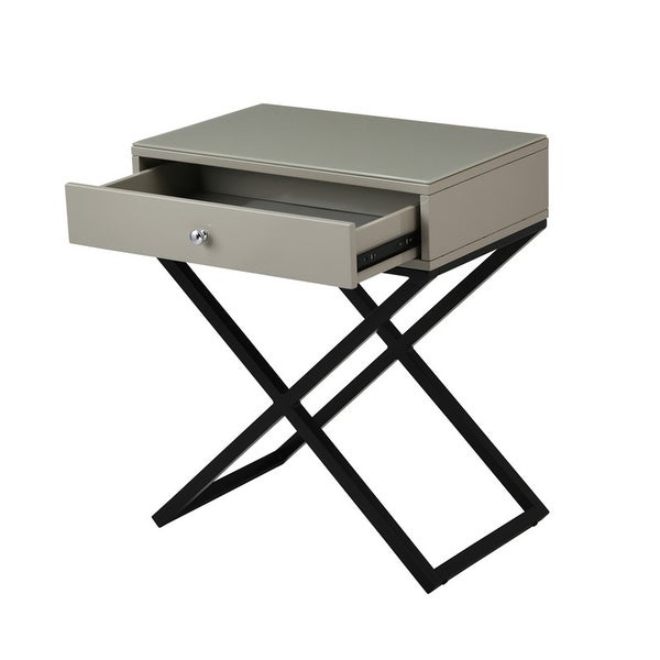 Wooden End Side Table with Glass Top Drawer and Metal Cross Base