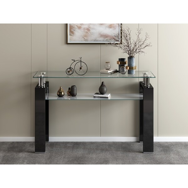 Tempered Glass Top Rectangular Double-Layer Console Table with MDF Legs, For Living Room, Foyer Console Table