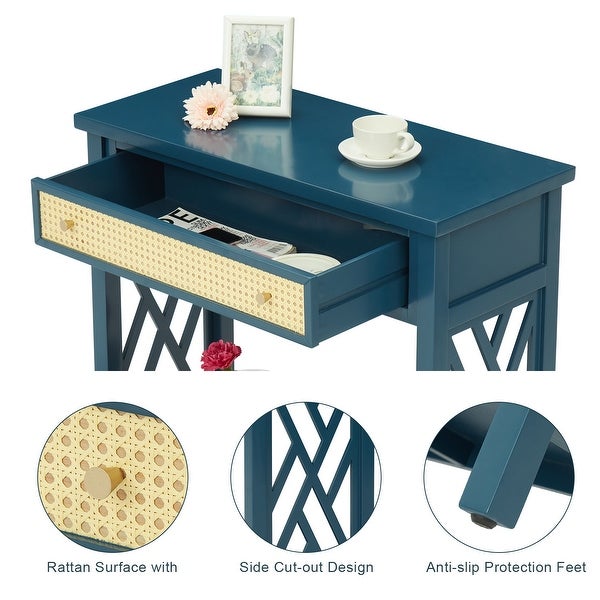 Kinbor Wood Console Table with Rattan Drawer and Bottom Shelf, Modern Sofa Table Entry Hallway Table for Living Room Bedroom
