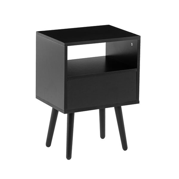 Modern Rattan Side table/Nightstand with 1 Shelf,1 drawer and 4 Solid Wood Legs
