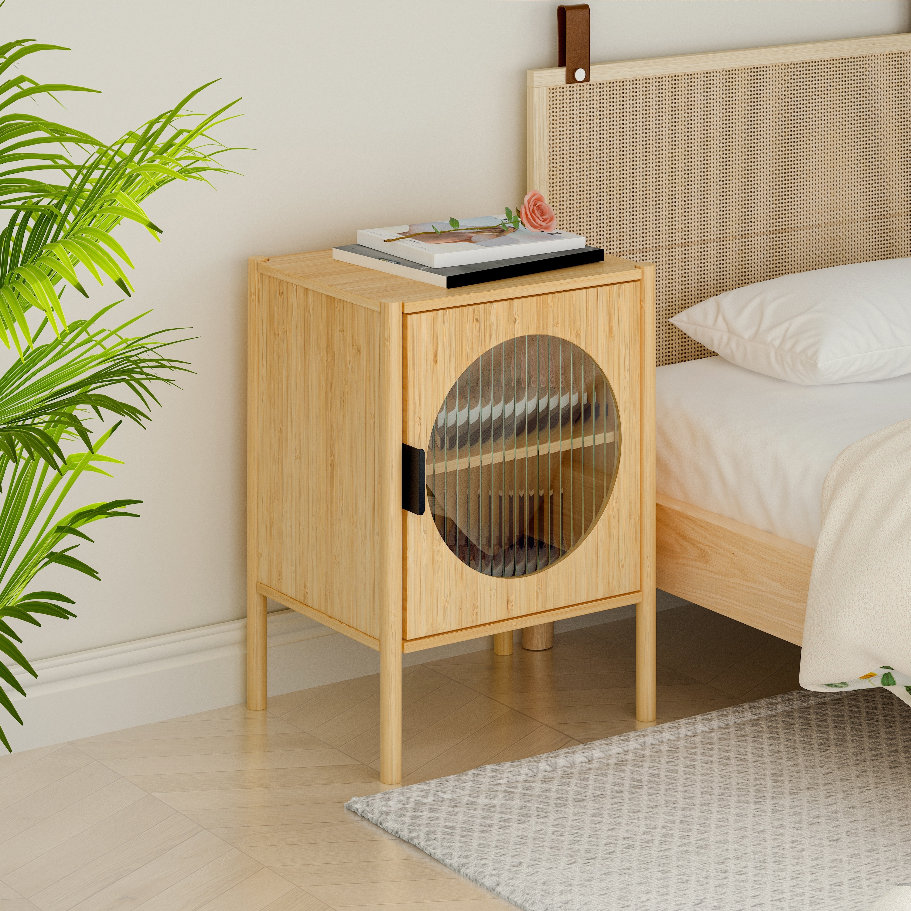 1 Door nightstand,Bamboo Mid Century Modern Nightstand