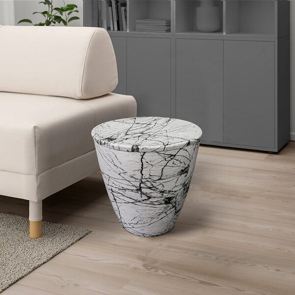 16 Inch Round Accent Side Table, Aluminum Sheet, Faux Marble, Enamel Coating, White - 16 H x 15 W x 15 L