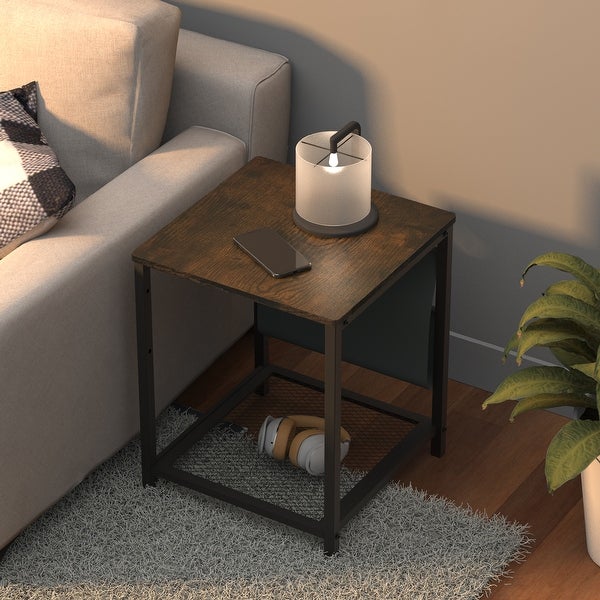 Side Table with Storage Bag Square End Table with Grid Storage Rack, Sofa Table for Living Room Bedroom Small Spaces
