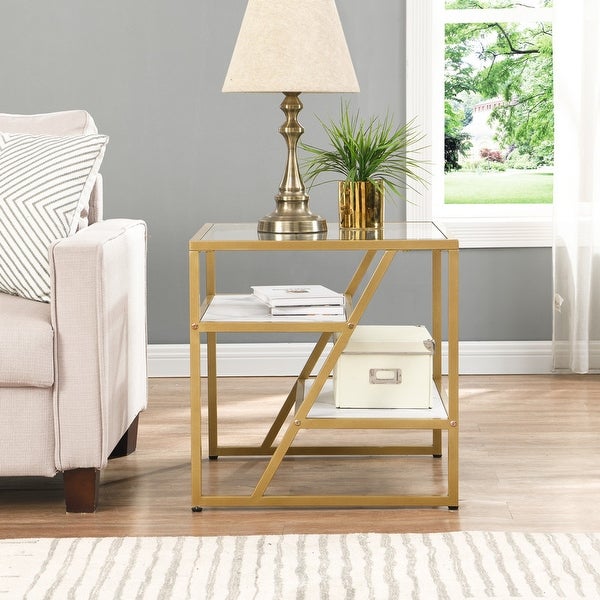 Side Table, End Table with Storage Shelf, Tempered Glass Coffee Table with Metal Frame