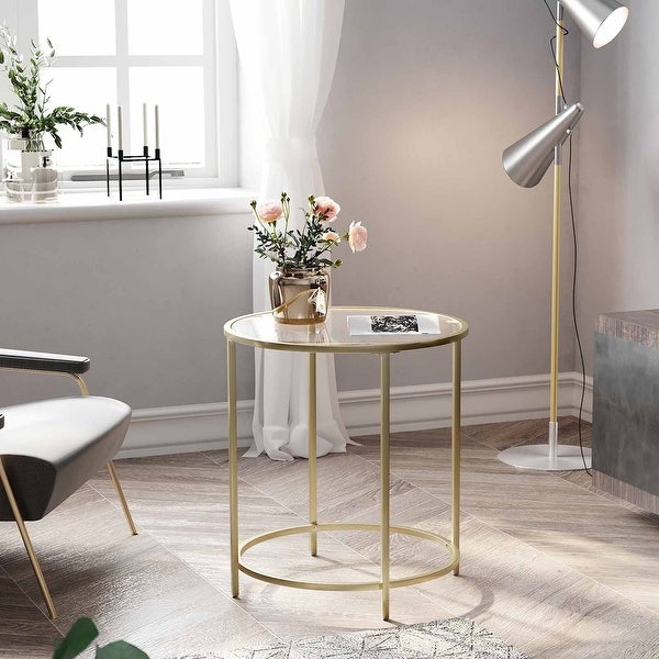 Round Side Table, Tempered Glass End Table with Golden Metal Frame, Small Coffee Table, Bedside Table, Living Room, Balcony