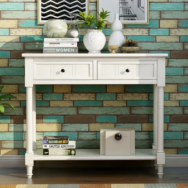 Vintage Console Table w/2 Drawers and Shelf,Pine Wood Frame(Ivory White)