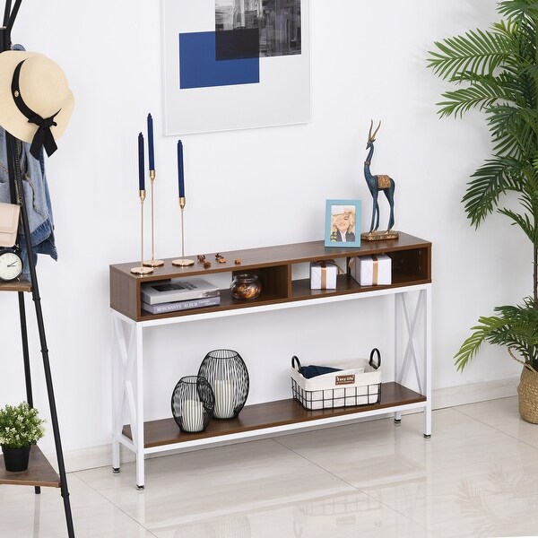 HOMCOM Industrial Style Entryway Console Table Desk with Shelf for Living Room, or Bedroom, Walnut Wood Grain
