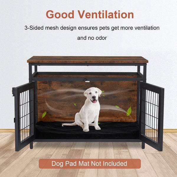 Dog Crate Furniture with Double Doors, Wooden Dog Crate, Indoor Dog Kennel w/ Metal Wire Mesh, Pet Crate End Table