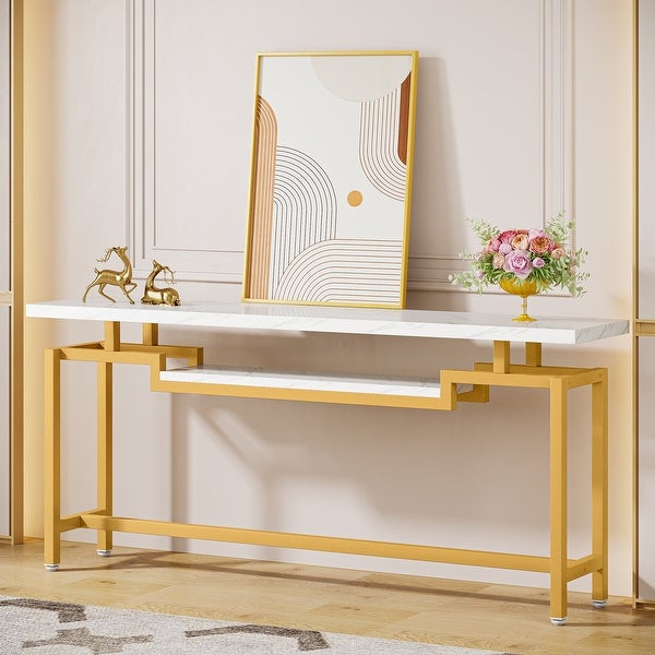 Brown/ Black 70.86 Inches Industrial Extra Long Console Entryway Table, White/ Gold Modern 2-Tier TV Stand